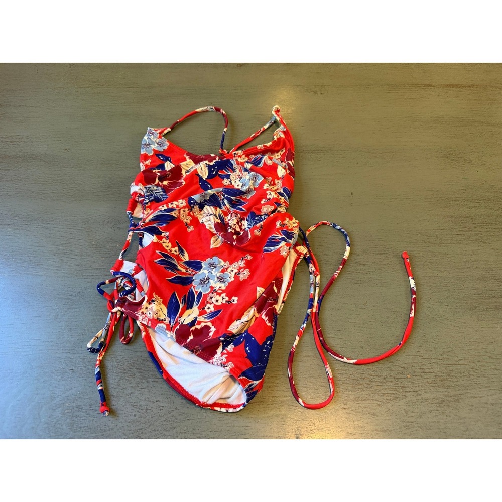 Charlotte Russe Red Floral Lace Up Side One Piece Swimsuit Womens Medium